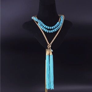 Teal tassel necklace, Beaded tassel necklace